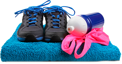gym shoes, water bottle, and towel